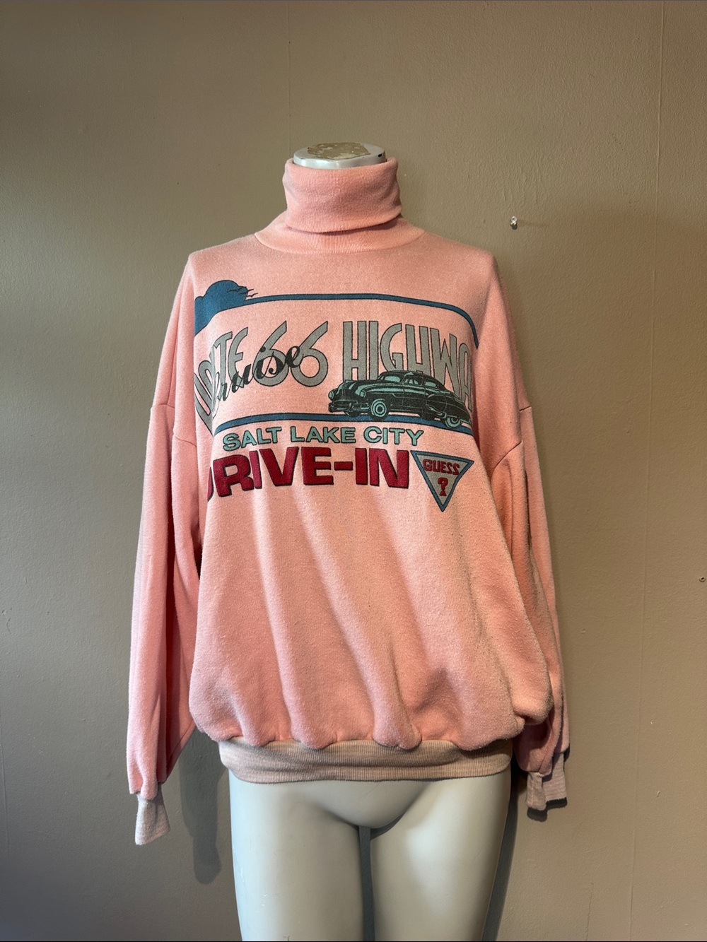 Guess Pink Route 66 Salt Lake City Drive-In Turtleneck Sweatshirt vtg 80s